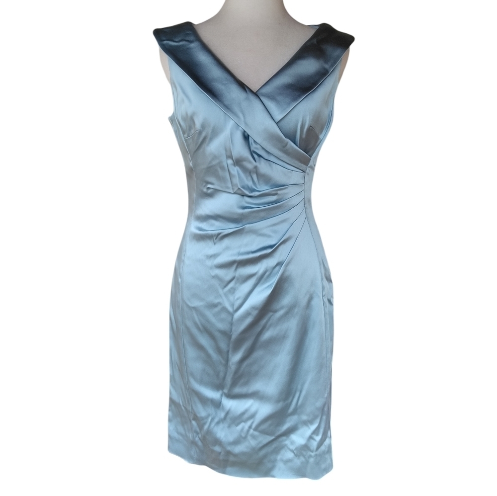 Tahari Powder Blue Collared Neckline Ruched Side Satin Cocktail Dress Size 2 - Picture 2 of 9